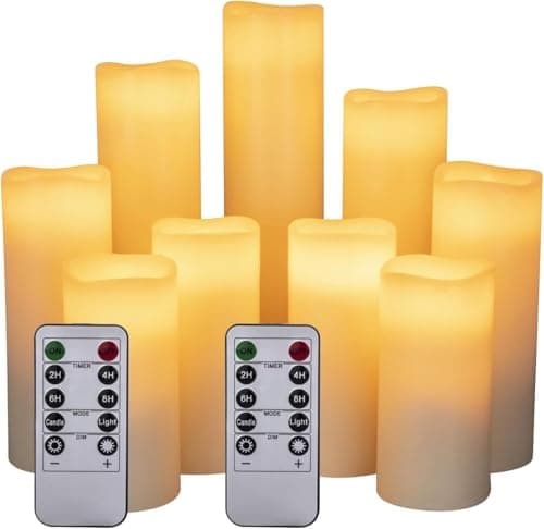 Image of HANZIM LED Candles,Flameless Candles Φ 2.2" x H 4"/5"/6"/7''/8''/9'' Real Wax Battery Candle Pillars, 10 Key Remote Control with 24 Hour Timer Function (Ivory) (1 * 9)