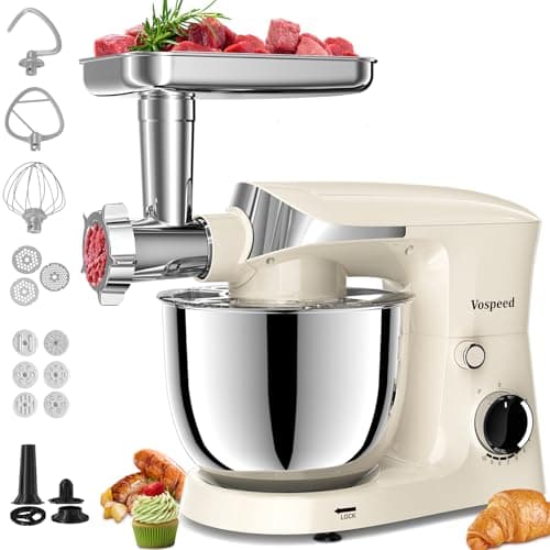 Image of Vospeed 9-in-1 Stand Mixer, 1500W Electric Kitchen Mixer with 5.5L Bowl, Multifunctional Food Mixer for Cake, Bread, and Dough with Meat Grinder, Sausage Maker, Pasta & Cookie Attachments, White