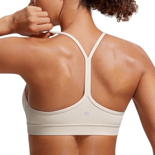 Image of CRZ YOGA Women's Butterluxe Padded Sports Bra - Low Impact Y Back Strappy Bra Racerback Spaghetti Straps Gym Yoga Bras Mojave Tan XS