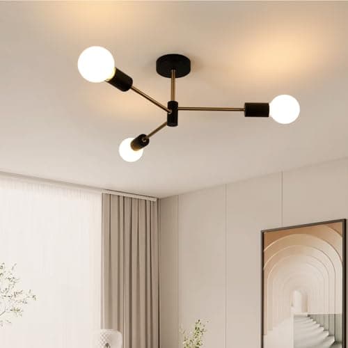 Image of SENQIU Sputnik Ceiling Light, Black Golden Semi Flush Mount Ceiling Light, 3 Lights Modern Sputnik Chandelier with E27 Socket for Living Room, Bedroom, Kitchen, Dining