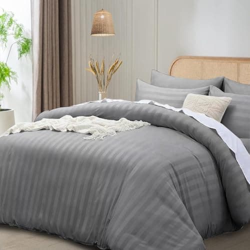 Image of Funky Gadgets Double Duvet Cover Set Grey, Microfiber Satin Stripe Luxury Hotel Bedding Sets with Pillowcases Breathable Ultra Soft Reversible Quilt Covers