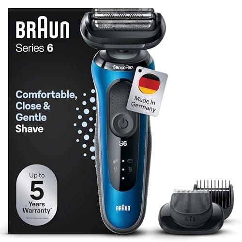 Image of Braun Series 6 61-B1500s Men's Electric Shaver with EasyClick Beard Trimmer Accessory, SensoFlex, Wet & Dry Technology, Rechargeable, Wireless Grid Shaver, Blue