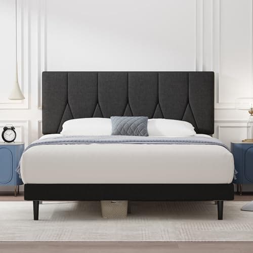 Image of Yocreat Double Bed Frame, Black, Upholstered Wooden Slat Bed Frame with Headboard, Easy Assembly, Underbed Storage, No Box Spring Needed 135×190