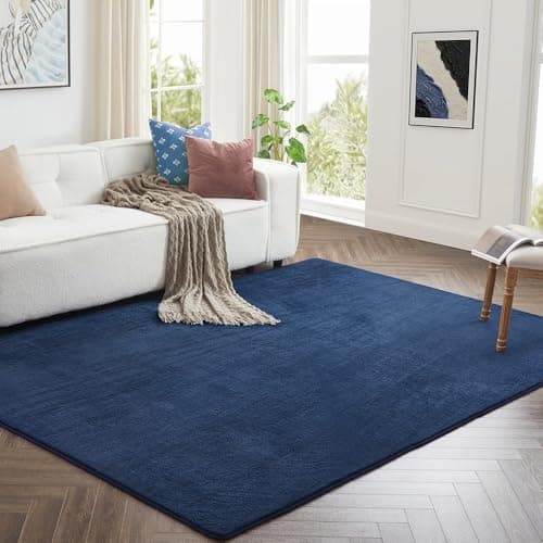Image of Imperial Rooms Cozy Rugs Living Room, 100% Polyester, Anti Slip Backing, Soft Fluffy Thick Low Pile 600 GSM, Large Bedside Rug for Bedroom, Non Shedding Carpet for Kids Nursery Room, Navy, 120x170 cm