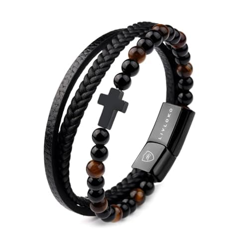 Image of LIVLOKO Mens Bracelet Leather Black Multi-Layer Tiger-Eye Beaded Bracelet for Men Magnetic Clasp Rope Wristband Mens Gift for Boyfriend