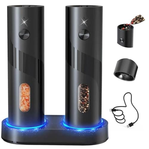 Image of CIRCLE JOY Rechargeable Electric Salt and Pepper Grinder Set Automatic Pepper Mill Grinders with Charging Base, Adjustable Coarseness, 110ml Capacity and White LED Light, Black