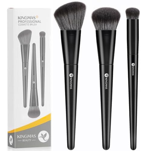 Image of KINGMAS Kabuki Makeup Brushes, 3Pcs Angled Foundation Brush & Contour Concealer Brush Under Eye & Blusher Brush for Face Blush Bronzer Travel Buffing Stippling Contour Liquid Blending Makeup Brush set
