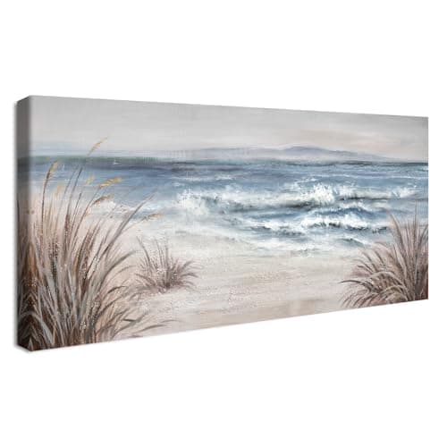 Image of Wooden Framed Large Canvas Wall Art Blue Ocean White Wave Abstract Painting On Canvas Prints Poster Wall Artworks Coastal Beach Seascape Pictures for Living Room Bedroom Home Wall Decoration 50x120cm