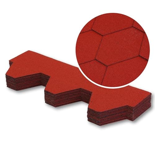 Image of Premium Asphalt Roof Shingles, 25 Pcs Covers 32.2 sqft (3 sqm) - Red Hexagonal Shape Design Felt Shingles 31.5 in x 12.4 in (80 x 31.5 cm) Weather Resistant & Heavy-Duty Roofing Felt