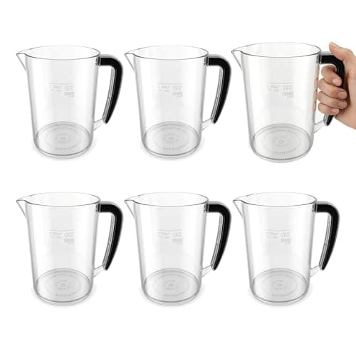 Image of Chabrias Ltd 6 Pack 2 Pint Plastic Jugs (1.1L) - UK Made - Government CE Marked Water Jug with Handle - Clear Reusable Drink Pitchers - Dishwasher Safe - Catering, Care Homes, Schools, Bars - UK Made
