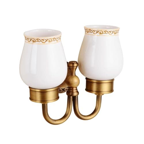 Image of Wall Mounted Bathroom Double Tooth Brushed Cup Holder, Antique Brass Pattern Carving,Brushed Bronze