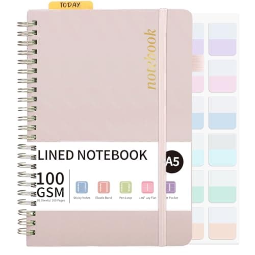 Image of Thboxes A5 Notebook, 160 Pages A5 Lined Wirebound Spiral Notepad, 100GSM College Ruled Notebook with 24 Labels for Women Men Office School,15 X 21.5 cm, Pink