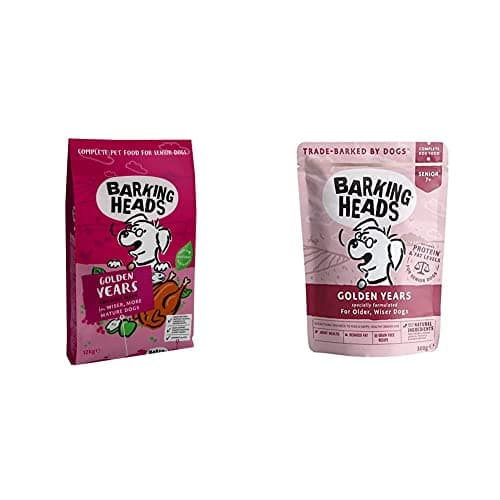 Image of Barking Heads Dry Dog Food for Senior Dogs - Golden Years, 12 kg & Wet Dog Food for Senior Dogs, Golden Years, Free-Run Chicken and Salmon, No Artificial Flavours (10 x 300 g)