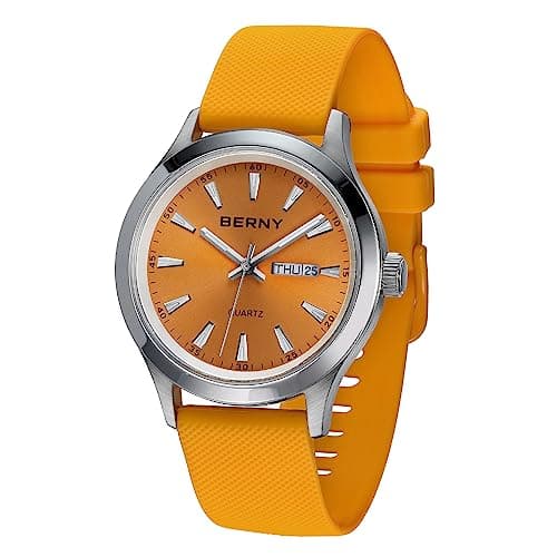 Image of BERNY Quartz Watch for Men Miyota 2105 Movement Fashion Sports Wirstwatch 3ATM Waterproof Day Date Colorful Dials Quick Release Silicone Watch Band, Orange, Quartz Watch