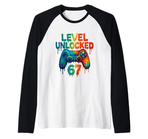 Image of Gamer 67 Drip Level Unlocked 67 Video Game Gen Alpha Meme Raglan Baseball Tee