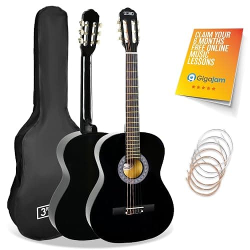 Image of 3rd Avenue Full Size 4/4 Classical Guitar Spanish Nylon String Beginner Pack Bundle - 6 Months FREE Lessons, Bag, Strings – Black