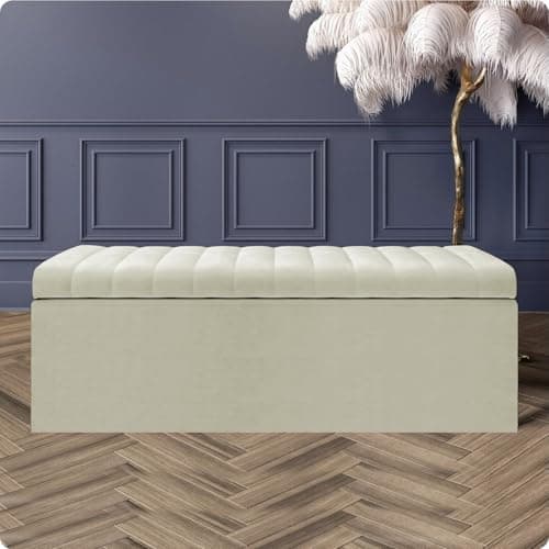 Image of AZ Interiors Royal Furniture Naples Lined Upholstered Ottoman Storage Box, Naples Storage Shoe Bench, End of Bed Bench, Rectangle Coffee Table with Storage (Cream Naples, 4ft6 (137x40x40) CM)