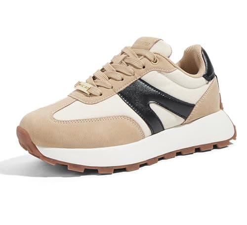 Image of LUCKY STEP Women's Platform Fashion Sneakers Retro Classic Trainers Casual Lace-up Stylish Tennis Running Walking Shoes (Beige/Black, 8US-38EU-5UK)
