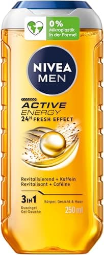 Image of NIVEA MEN Active Energy Shower Gel, pH Neutral Shower Gel with 24-Hour Fresh Effect for Men, Revitalising Formula with Caffeine for Body, Face and Hair (250 ml)
