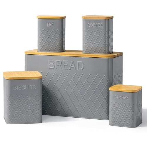 Image of WINSOME Kitchen Canisters Tea Coffee Sugar Biscuit Bread | (Set of 5) Airtight Kitchen Storage Canister Set with Bread Bin | Coffee Sugar Tea Biscuit Bread Tins with Bamboo Lids (Grey)