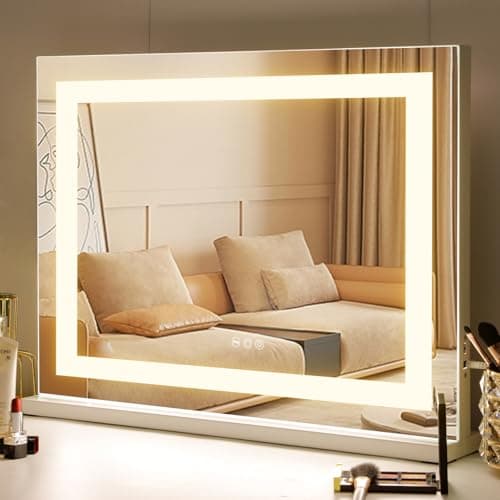 Image of FENCHILIN Hollywood Mirror with Lights Vanity Makeup Mirror with Lights LED Lightstrip USB Port 58x46cm 3 Lighting Modes 10x Magnifying Glass Touchscreen for Dressing Table