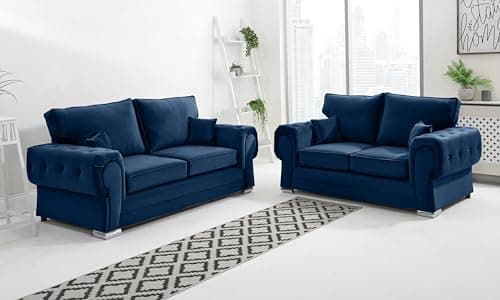 Image of Sofahub Verona Blue Plush Velvet 3 Seater Sofa Set - 2 Seater Sofa Set with Foam Cushions - Transform Your Living Room with Stylish Sofas & Couches - With Chrome Feet (Blue, 3 + 2 Seater)
