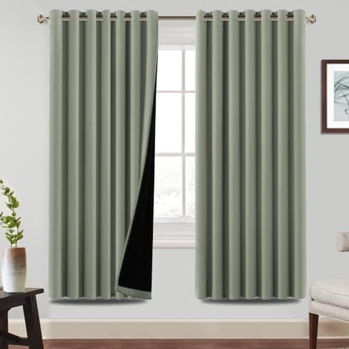Image of BellaHills 100% Blackout Curtains for Bedroom Thermal Insulated Blackout Curtain Heat and Full Light Blocking Eyelet Curtains for Living Room with Black Liner 2 Panels, 90 x 72 Inch, Light Sage