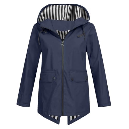 Image of coats for women uk Waterproof Jacket for Women Lightweight Windbreak Hooded Rain Coat UK Loose Casual Long Sleeve Water-resistant Raincoat Ladies Autumn Outdoor Hiking Wear Outfits Navy L
