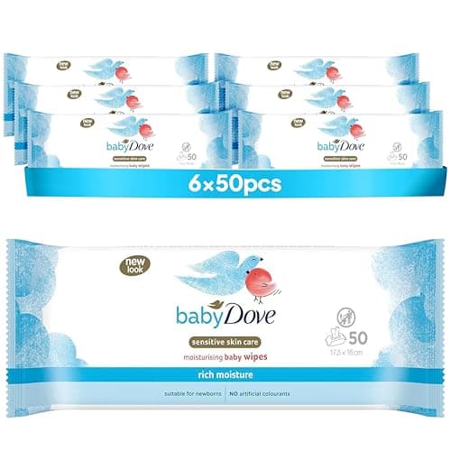 Image of Baby Dove Sensitive Skin Care Baby Wipes, Rich Moisture - Soft Cleansing, Moisturising & Gentle Wet Tissue for Newborns & Infants, Perfect for Nursery & Travel Essentials, Resealable - Pack of 6