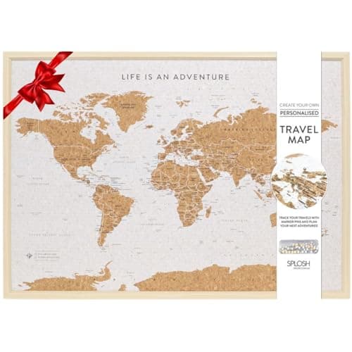 Image of Splosh Travel Map - Large World Map Pin Board in White, Wooden Frame. World Map Cork Board with 100 Pins in 2 Colours to Mark Your Past and Future Adventures. Framed World Maps for Wall.
