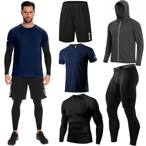Image of Holure Men's Sports Running Set (Pack of 5) Athletic Shirt+Short/Compression Shirt+Pants with Coat Tracksuit Gym Suits Navy 5P02 M