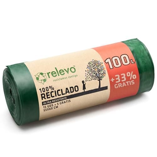 Image of Relevo Large Bin Bags 100L – Made from 100% Recycled Material. Dimensions: 85 cm x 105 cm. Includes 13 Bin Liners 100L