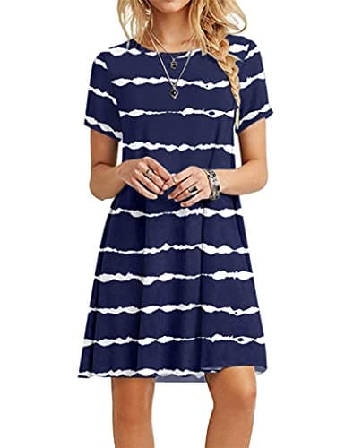 Image of MOLERANI Beach Dresses for Women UK Casual T-Shirt Dress Short Sleeve Ladies Beach Dress (XL, Navy Wavy Striped)