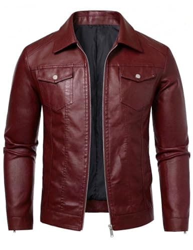 Image of Zbrandy Leather Jacket Men Faux Leather Jackets Mens Moto Biker Coat Outwear Windproof Red XL