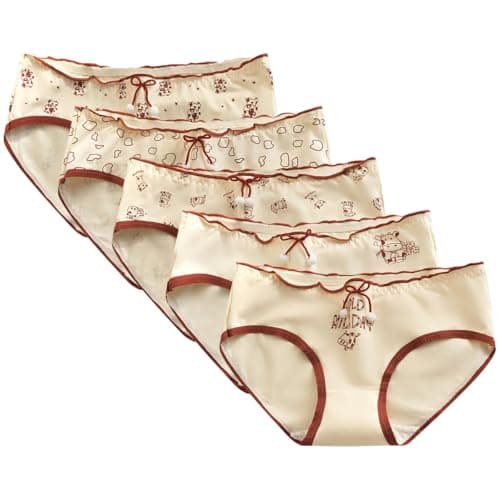Image of Rainjia 5-Pack Girls' Cotton Briefs - Elastic Waist Cartoon Anime Print Mid Rise Underwear for Teens Age 8-18, Soft Comfortable Everyday & Activity Wear