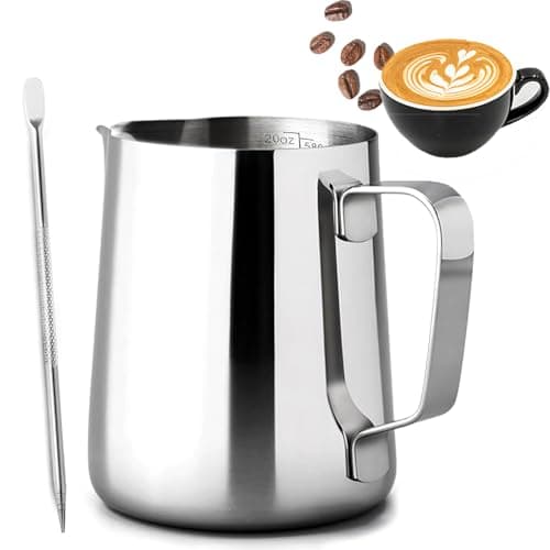 Image of PLACHIDAY Milk Frothing Pitcher, 600ML/20oz Milk Jug for Coffee Machine, Stainless Steel Pitcher with Measurement Mark and Decorating Pen for Making Latte Art and Cappuccino, Silvery