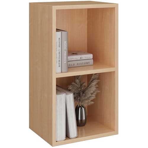 Image of 2 Tier Cube Storage Bookcase, Bookshelf with Storage Cubes, Wooden Shelving Display Unit Open Narrow Book Shelf for Office, Living Room, Bedroom, Furniture, Beech H54 x W30 x D24 cm