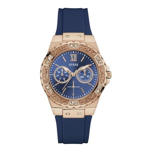 Image of GUESS 39MM Crystal Silicone Watch, Blue/Rose Gold, NS, Women's Stainless Steel Crystal Accented Silicone Watch