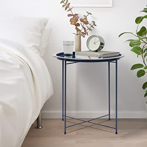 Image of Trintion Tray Butlers Tray Table Top Side Table Foldable Sofa Table Small Round End Tables for Living Room Home Kitchen Blue