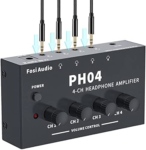 Image of Fosi Audio PH04 4 Channel Headphone Amp, Portable Headphones Amplifier Splitter 4 Way for Music Studio, Mixer Audio Sharing Podcast Monitor, Supports 15-150 Ohms with 12V Power Adapter