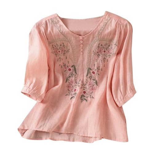 Image of Women's Linen Tops Plus Size Puff Sleeve Linen Summer Tunic Tops Sales Floral Embroidered Top Plus Size Daily Boho Ethnic Style Tee Women Essentials Tee Tunic Tshirt (01-A-Pink, XXXL)
