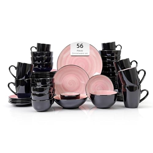 Image of HomeVss, Stoneware Sonoma Dinnerware Set, Black + Speckled Spin Wash (56pc Set, Rose)