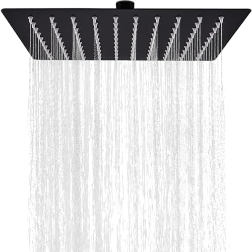 Image of 12 Inch Square Rainfall Shower Head, Black Stainless Steel Anti-Rust Fixed Waterfall Shower Head, Waterfall Full Body Coverage High Pressure Rain showerhead with 144 Jets