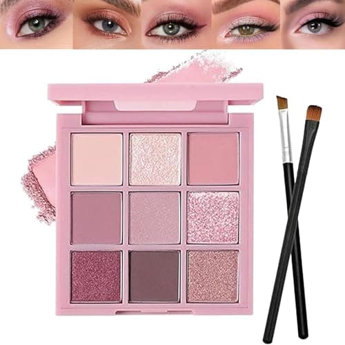 Image of 9 Color Pink Eyeshadow Palette Set, Matte and Shimmer Glitter Eye Shadows for Women Girls, Highly Pigmented, Long-Lasting Eye Makeup, with 2 Eye Brushes for Casual Party Wedding And Everyday Looks
