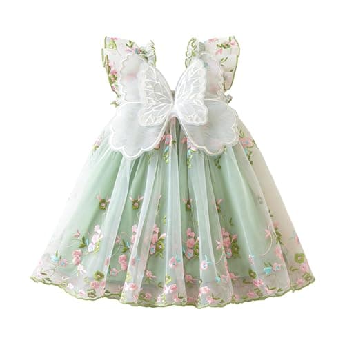 Image of NNJXD Baby Girl Princess Tulle Dress Floral Embroidery Ruffle Sleeve Butterfly Fairy Party Dresses for Toddler 2231 Green 9-12 Months