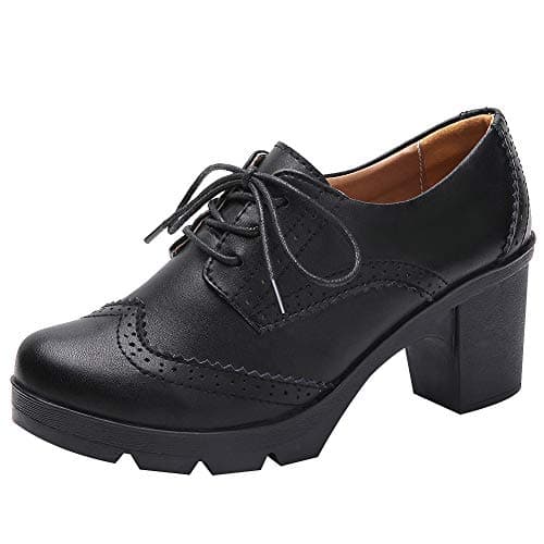 Image of Jamron Women's Block Heel Lace-Up Brogues Derby Shoes Pumps Dress Shoes Black SN02955 UK7