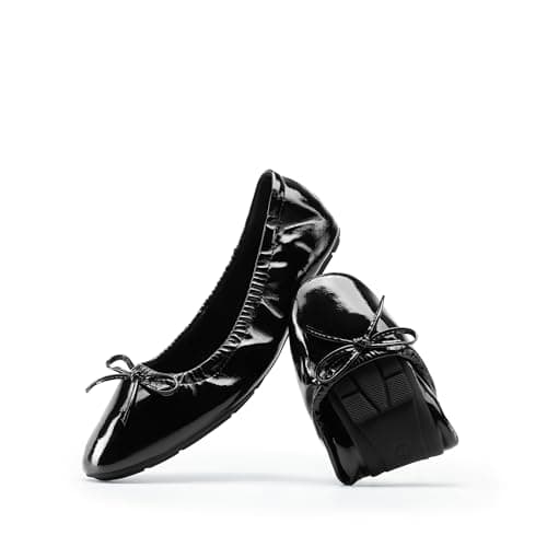 Image of DREAM PAIRS Women's Flats Foldable Square Toe Ballet Flats for Women Bowknot Dressy Comfortable Light Weight Slip On Dress Shoes,Size 5,Black-Pat,DWUMFA2531