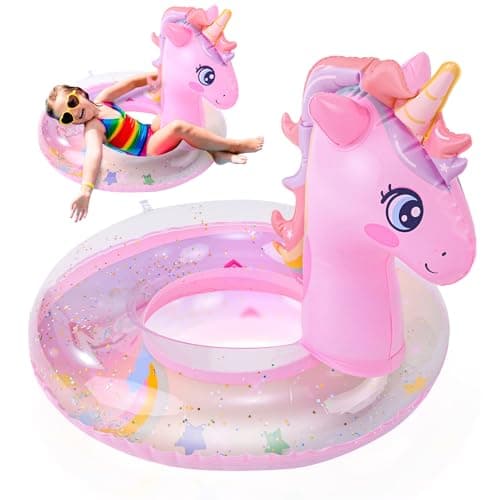 Image of Zuimei Rainbow Horse Inflatable Pool Floats for Kids, PVC Float Inflatable Swimming Rings with Glitter Swimming Pool Toy Rubber Ring for Summer Pools Water Party, Pink (5-9 Years Old)