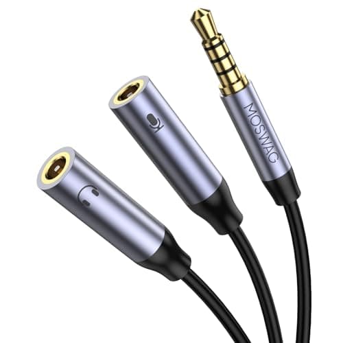 Image of MOSWAG 3.5mm TRRS Headphone Mic Splitter Adapter, 2-Port, Compatible with Laptops, Smartphones, Tablets, Gaming Consoles, PC