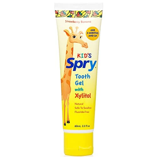 Image of Spry Natural Xylitol Toothpaste for Baby, Toddler and Kids Age 3 Months and Up - Fluoride Free Tooth Gel, Tasty, Support Development of Emerging Teeth, Strawberry Banana 2 Fl Oz (Pack of 1)